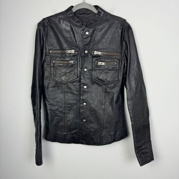 ALL SAINTS | Dark Brown Leather Jacket Zipper Pockets Snap Front Women’s Size S - Picture 1 of 9